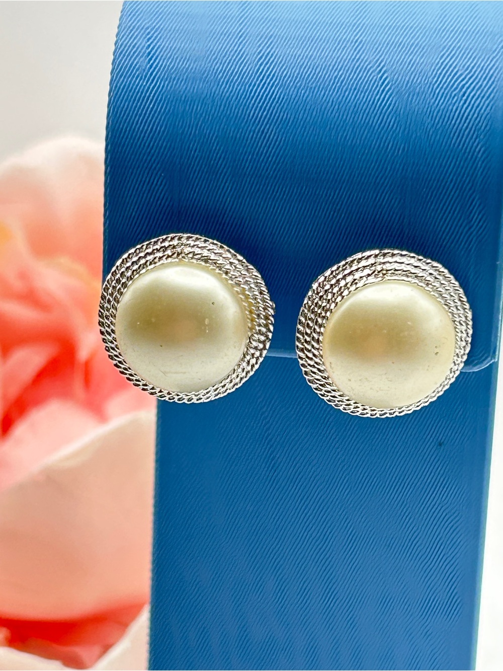 Vintage Trifari Faux Pearl Silver Tone Clip On Earrings